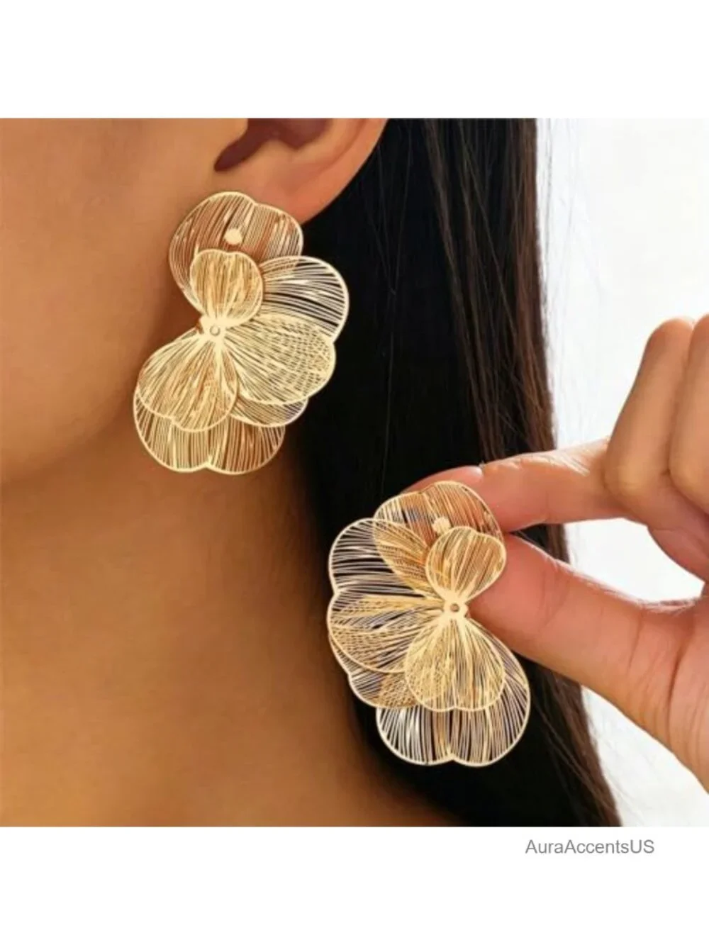 Oversized Gold Plated Stainless Steel Flower Drop Earrings Statement Floral
